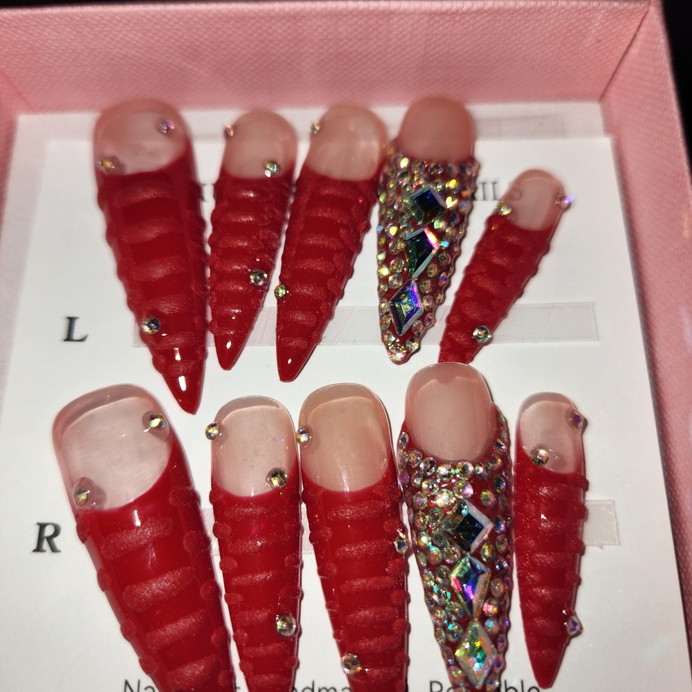 Red Rhinestone Press-On Nails